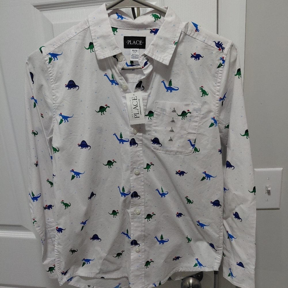 The Children's Place White Christmas Dinosaur Print Casual Shirt Boy's Large New